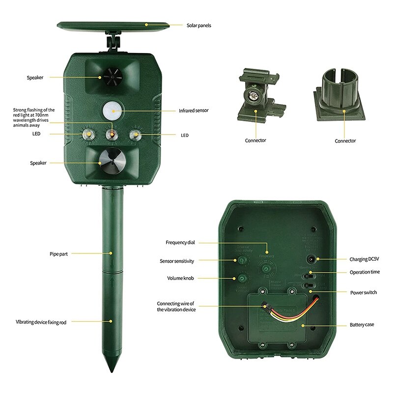 JHD-2 In 1 Solar Powered Animal Repeller With Infrared Sensing Detector Strobe Light Changing Frequency Solar Mole Repellent