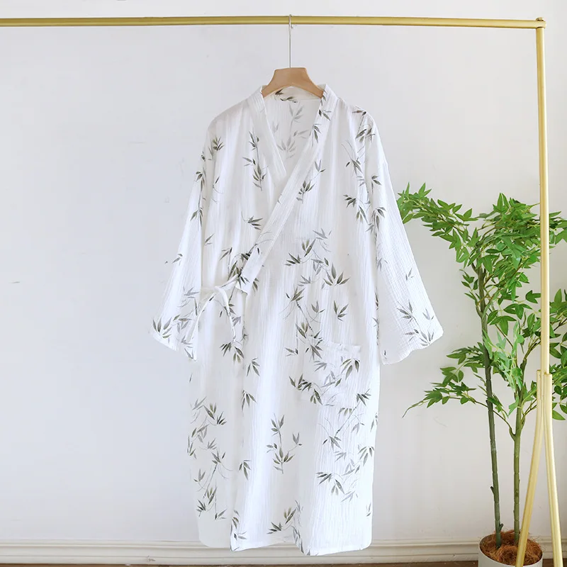 Katoenen Bamboe Bedrukte Nachtkleding Badjassen Voor Dames Lente En Zomer Dubbellaags Dunne Huiskleding Pyjama Gewaden: L / Black