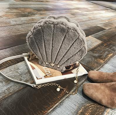 Shell Shape Faux Fur Pearl Ketting Dames Schoudertas Handtas Casual Purse Vrouwen Crossbody Mini Messenger Bag 4 kleuren: grey