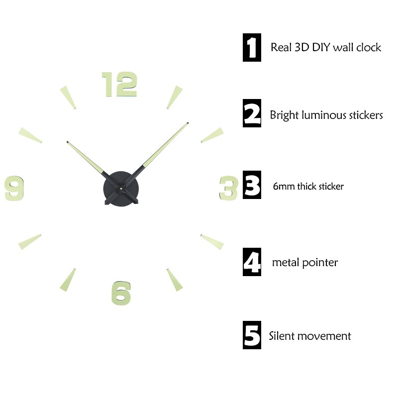 Horloges murales lumineuses grande Horloge montre Horloge 3D autocollants faciles à poser Quartz Luminou Duvar Saat Klock Horloge murale lumineuse muette moderne