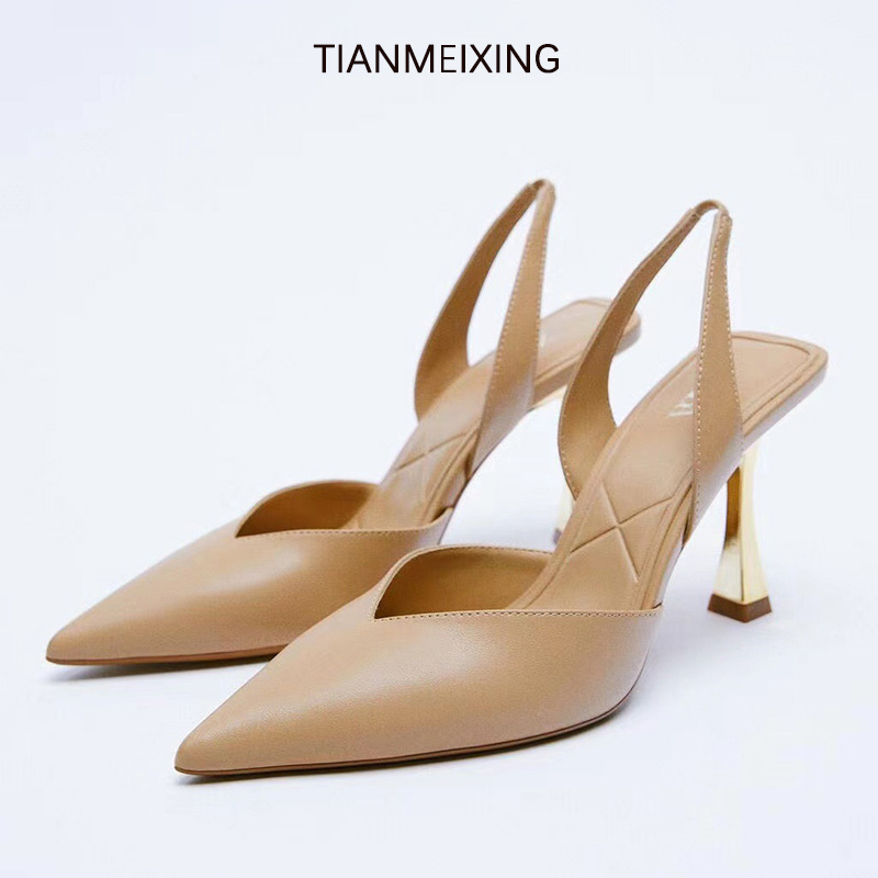 Za-zapatos de tacón alto metalizados para mujer, sandalias sexys de Punta larga con corte en V para , a la , color negro,