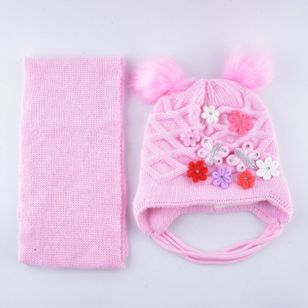 Vinter hatt scarf set för barn härliga pomponger stickad mössa baby flickor tjock stickad fjäril blommor öron klaff mössa barn