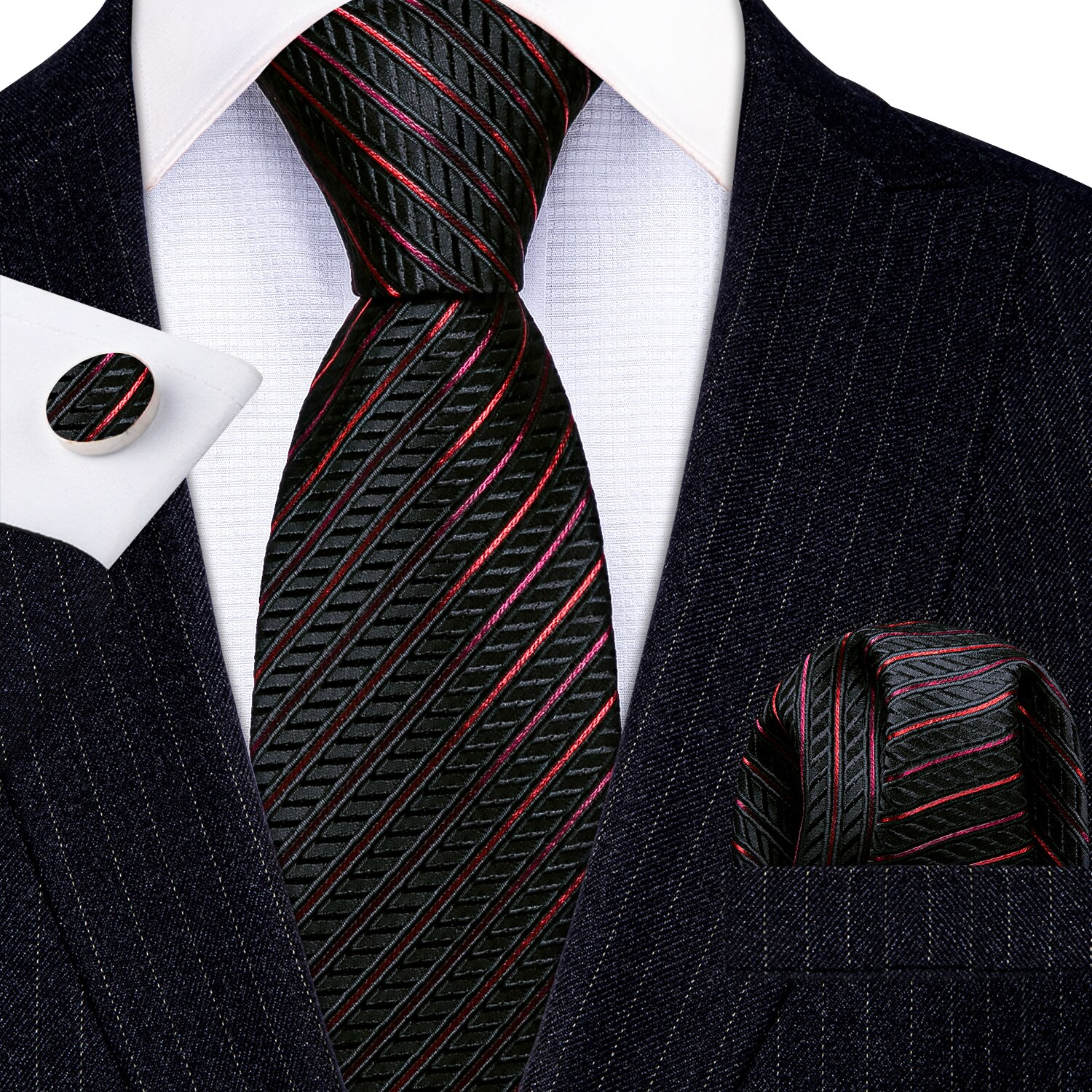 Cravate 100% soie pour hommes, Plaid rouge, Jacquard tissé, ensemble de boutons de manchette, cravate de cou, fête d&#39;affaires