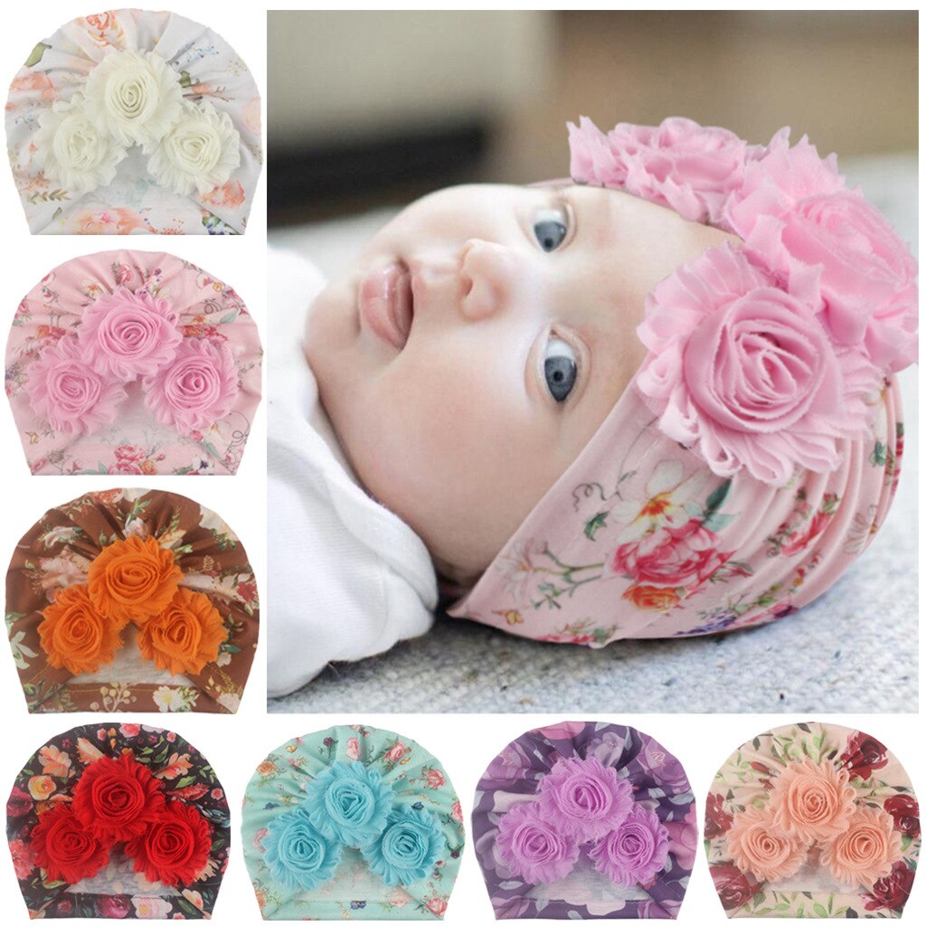 Babymössa för flickor blommig vår sommar flickhatt munk turbanhatt spädbarnsmössa 7 färger
