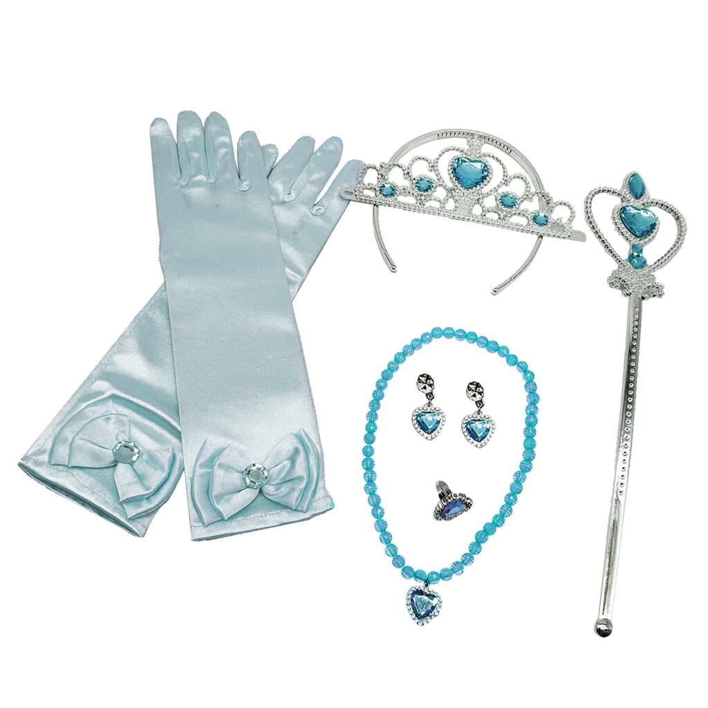 Princess Costume Kit Girls Gloves Tiara Fairy Wand Jewelry Set Fancy Dress: Blue