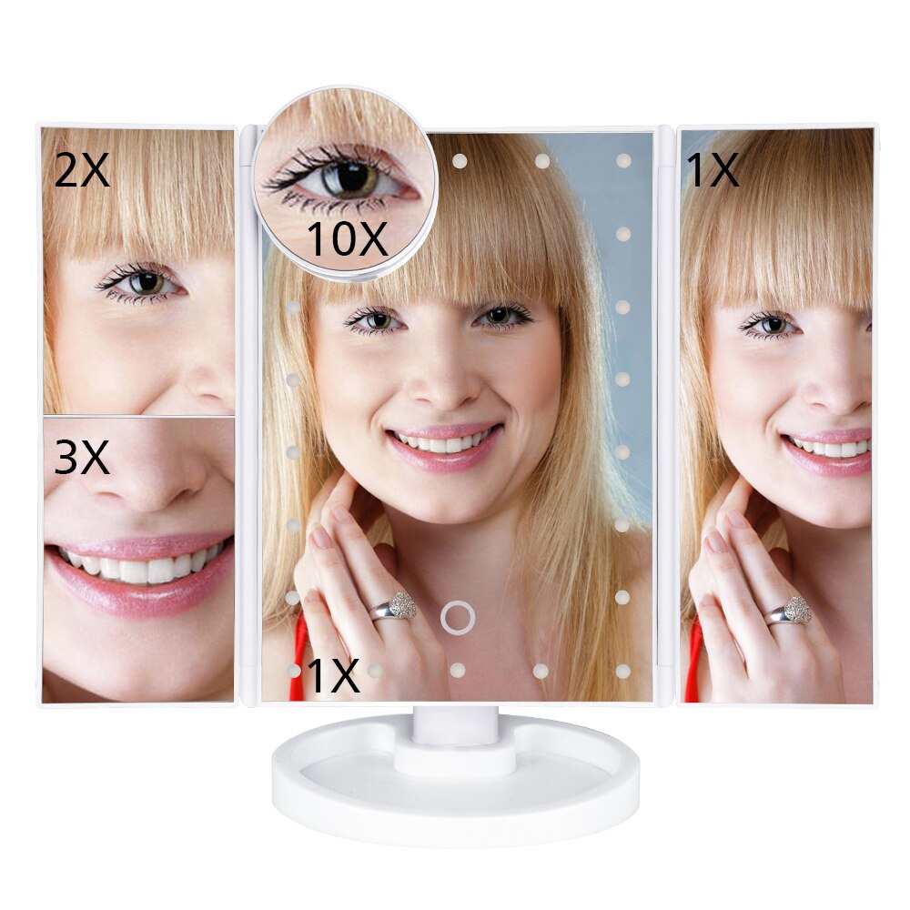 Adjustable 1X 10X Magnifier LED Light Makeup Mirror Touch Screen Desktop Countertop Bright USB Cable Battery Use Beauty Mirror: 3 Folding White