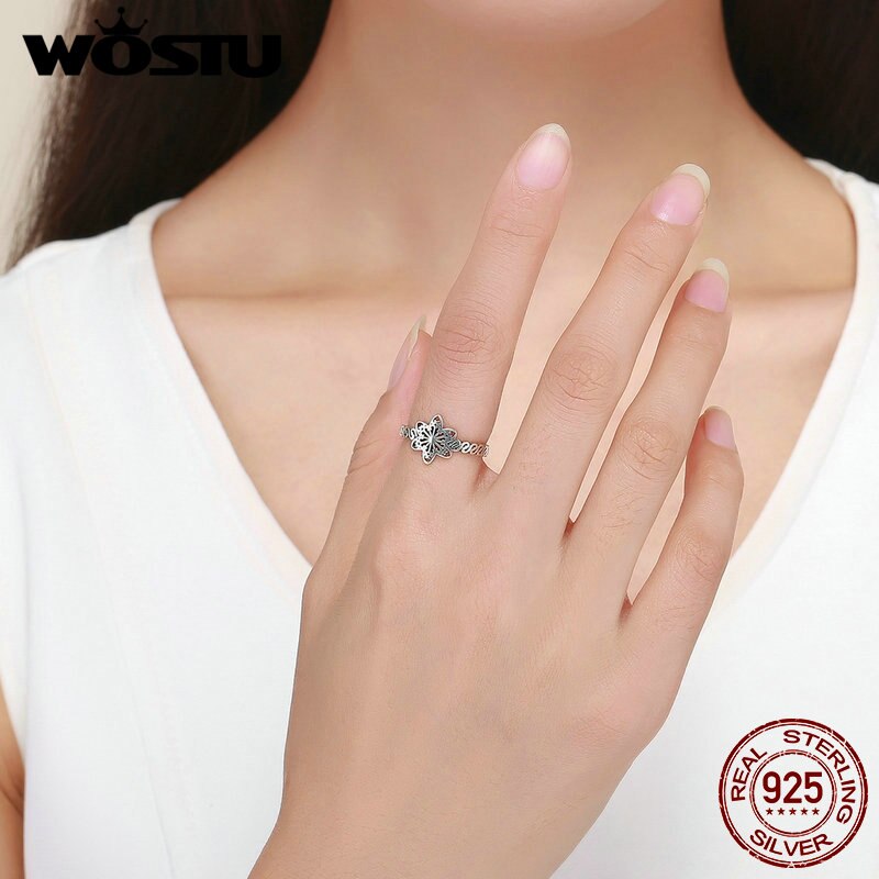 Wostu Authentieke 925 Sterling Zilveren Sneeuwvlok Bloem Ringen Voor Vrouwen Verstelbare Zilveren Ring Vinger Wedding Party Sieraden CQR482