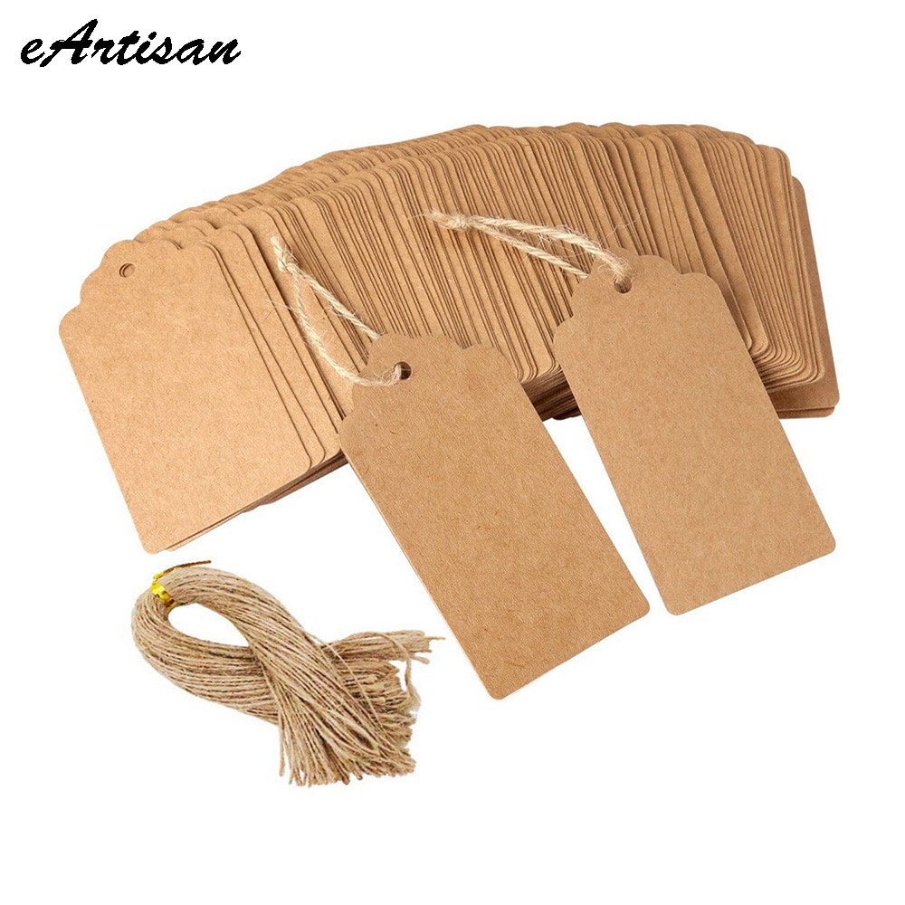 100pcs Large Size 4.5x9.5cm Kraft Tags with Hemp Strings Black White Kraft Scallop Hang Tag Blank Price Tags Paper Labels