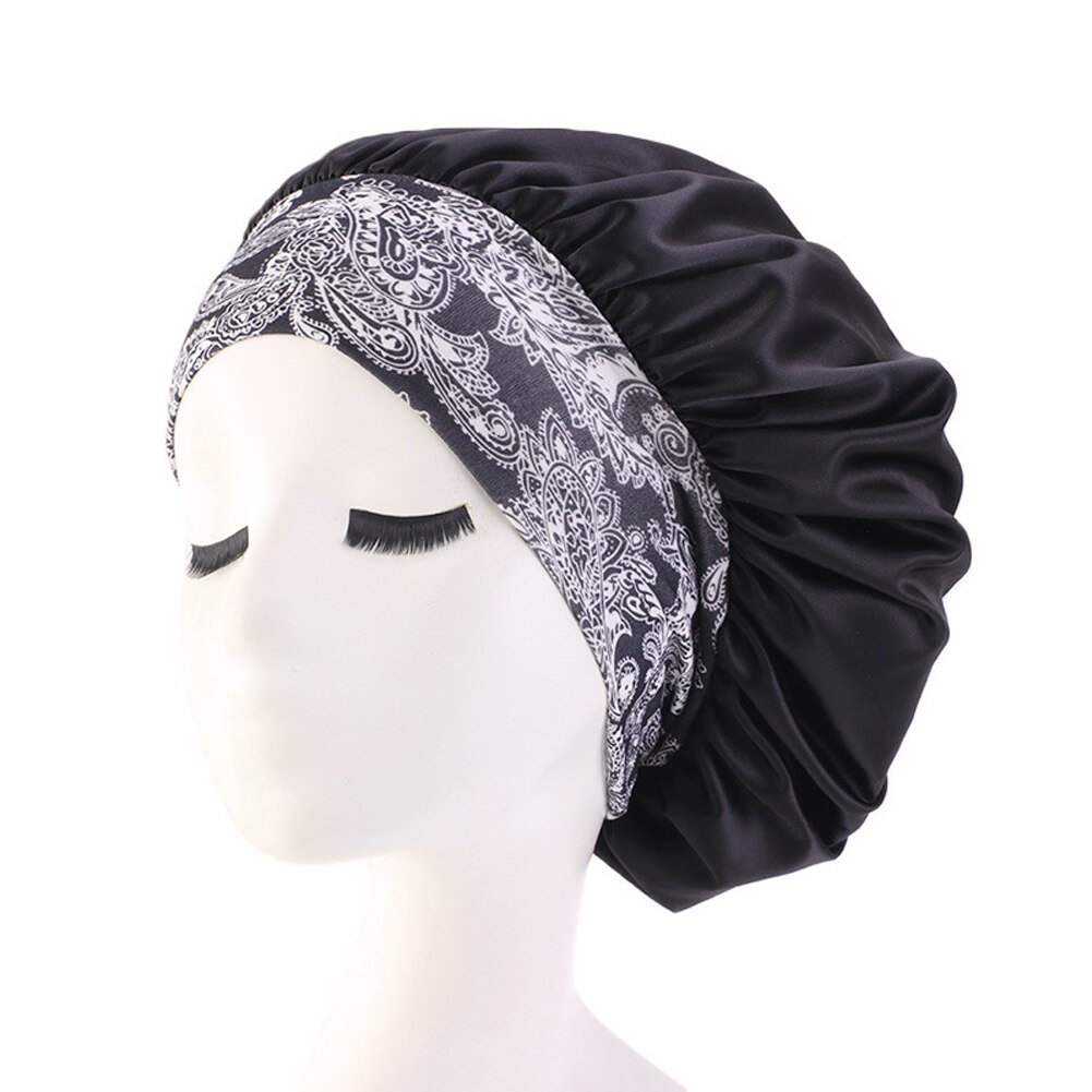 Kvinder satin tørklæde sovende motorhjelm hår wrap cap hat pandebånd hovedbeklædning: Sort