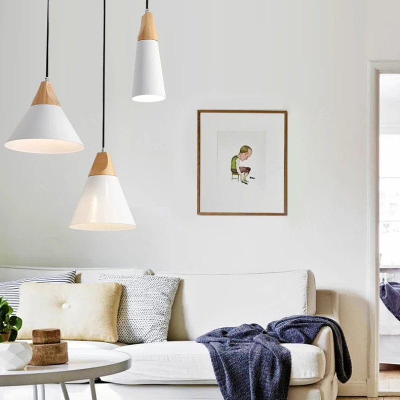 Tre, jern, flere typer pendellamper til spisestue, kjøkkenøy, stue, ledet-lampe, loft, hengende makaron-belysning