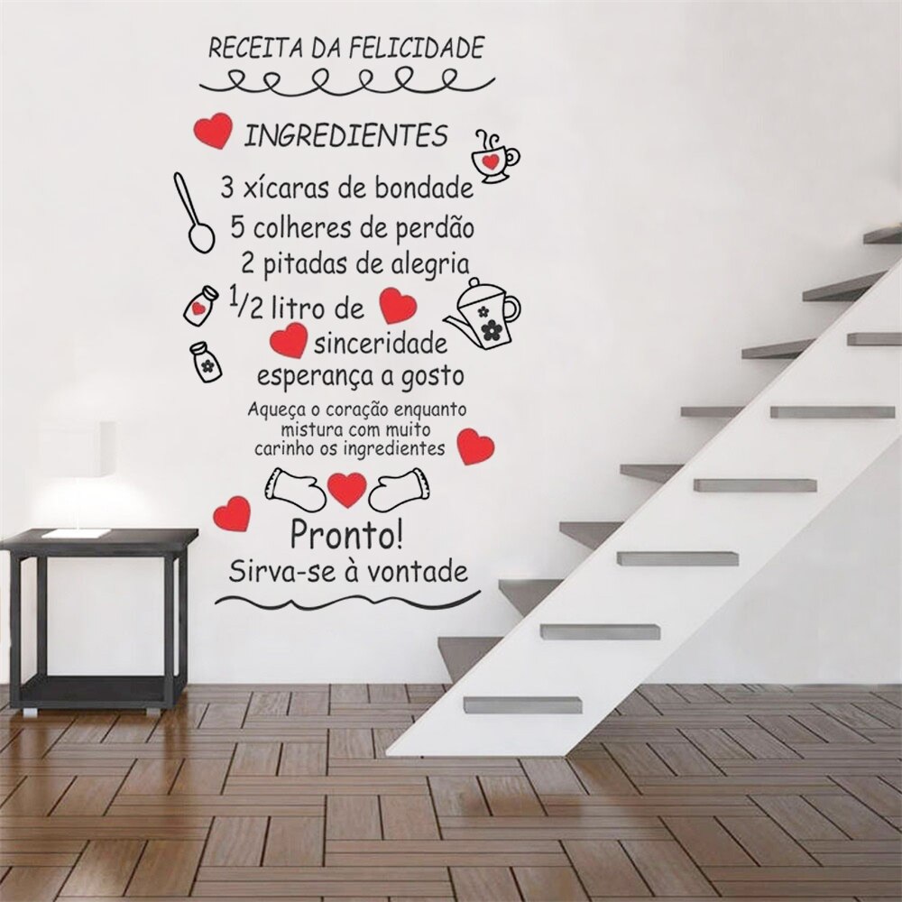 Receita Da Felicidade Portuguese Quotes Wall Stickers Removable Vinyl Murals Kitchen Restaurant Home Decor Decals Poster RU2168