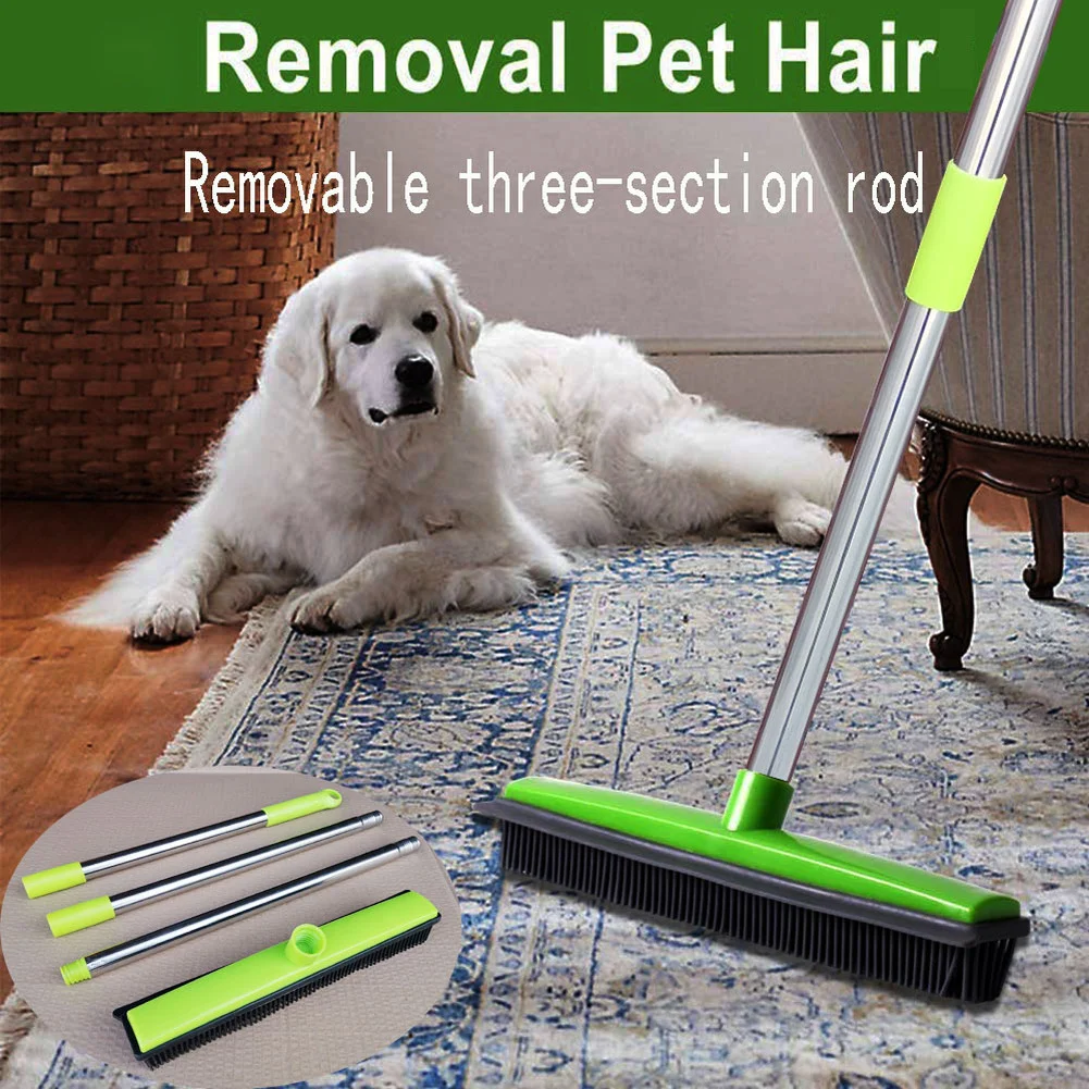 Vassoura de borracha para cabelo de animais de estimação, escova de chão, vassoura de aço inoxidável com rodo, removedor de pelos, limpeza para tapete, removedor de pelos de cães