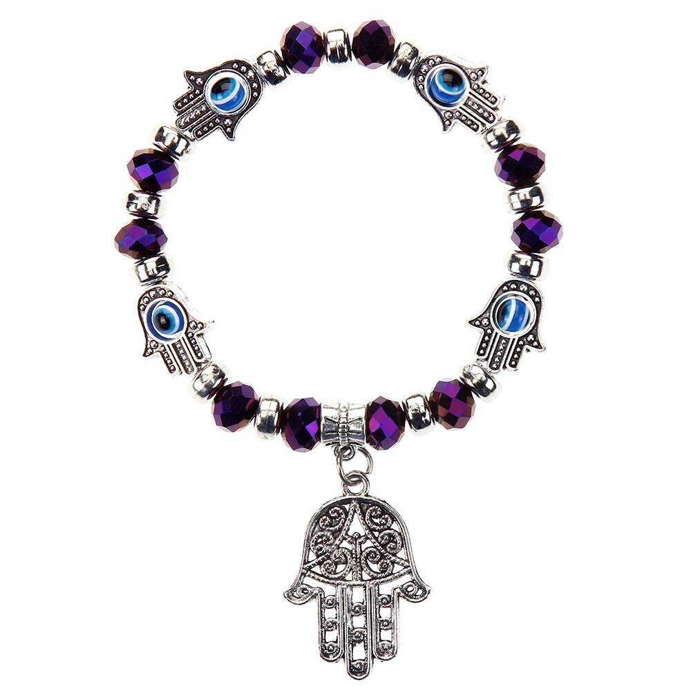Bracelet élastique mauvais œil turc pour hommes, breloques en cristal, main de Fatima, perlé, réglable, bijoux de Yoga,: F