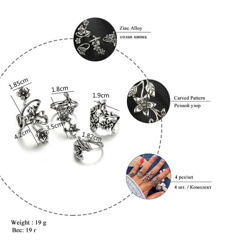 Europe and United States Popular Women Ring Personality Ancient Silver Color Mori Vines Leaves Flower Ring 4 Pieces