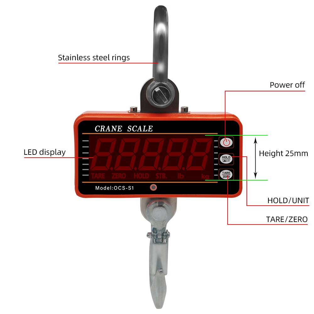 Báscula de grúa de 1000KG, balanza Digital de OCS-S1, 1Ton, 2000lb, LCD, alta precisión, Industrial, resistente, con gancho colgante