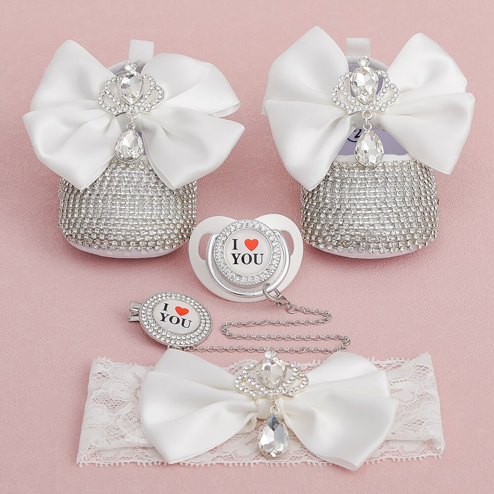 attache tetine pour bébés tétines et accessoires Dollbling – chaussures de luxe en strass pour bébé fille, ensemble de bandeau de premier marcheur, chaussures de princesse scintillantes, de fête prénatale SH: White02 UK Size-2