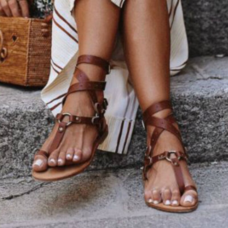 Women Gladiator Sandals Summer Platform Flat Cross Tie Metal Ring Ankle Strap Beach Ladies Shoes Zapatos De Mujer