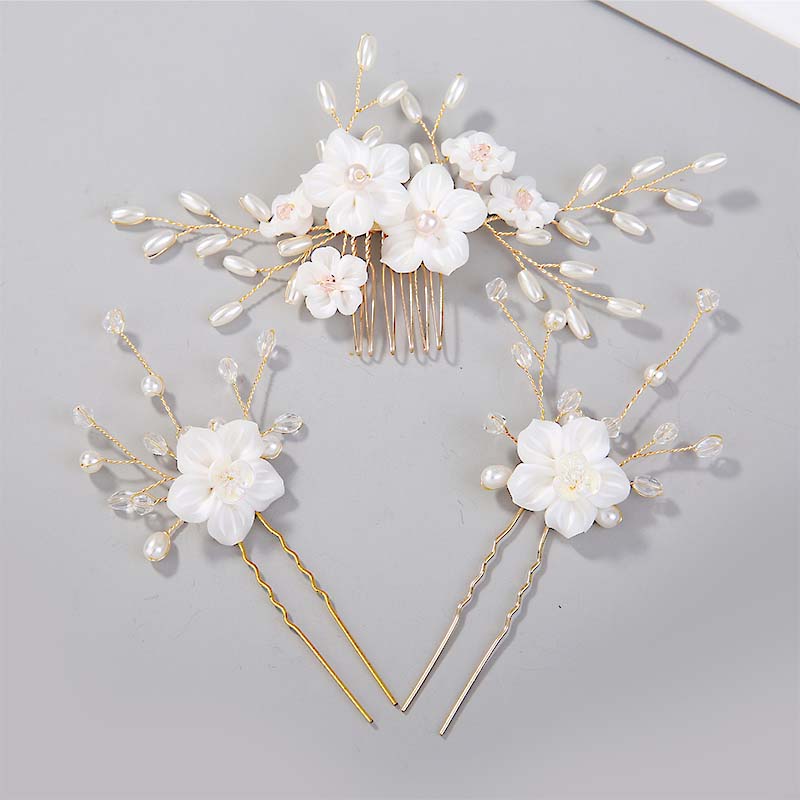 Horquilla en forma de U de flor blanca para mujer, 3 piezas, pinzas para el pelo elegantes, accesorios de joyería para el cabello, adornos para la cabeza de boda: Chapado en rodio
