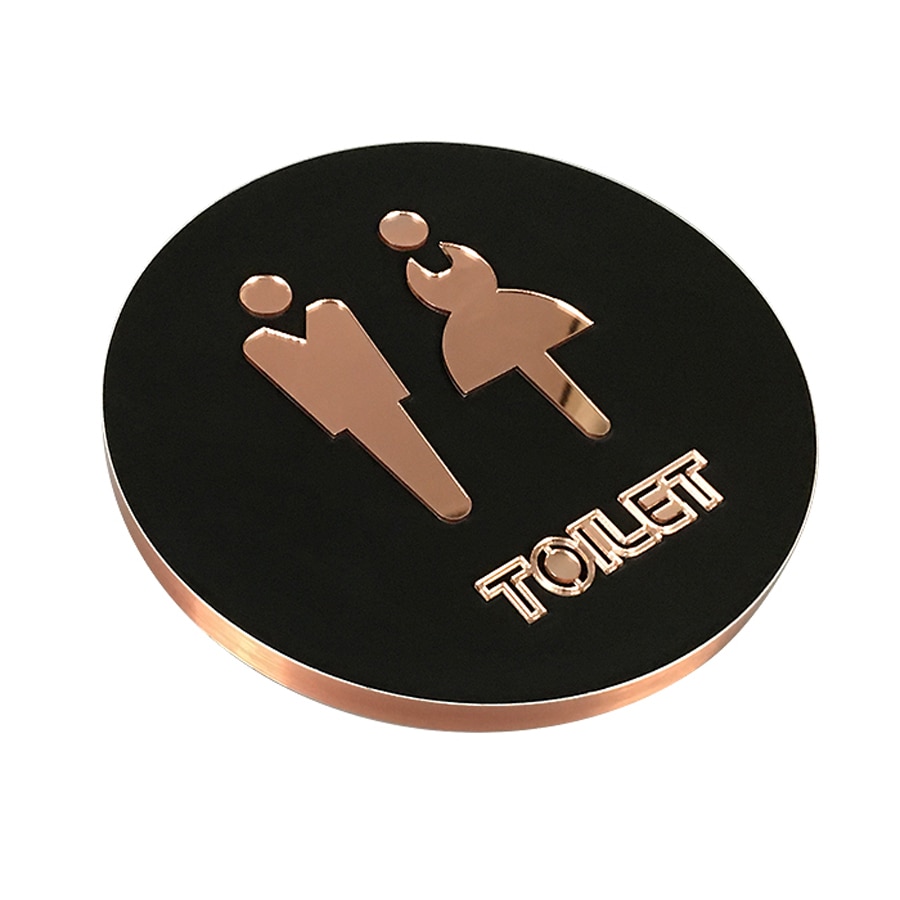 Letrero de baño para hombres y mujeres, letreros de baño (baño), Círculo de 16cm de diámetro, pegar en el cristal, pared, puerta, oro rosa y negro