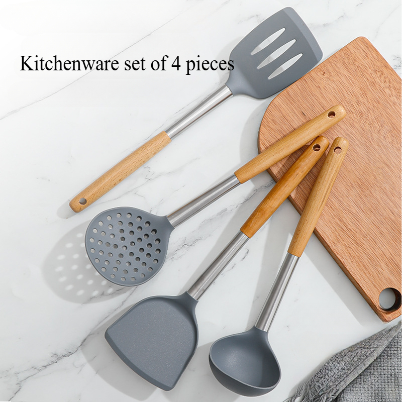 Silicone Kitchen Utensils Wooden Handle Non Stick Pot Kitchenware Cooking Set Heat-resistant Soup Spoon Pasta Colander Shovel