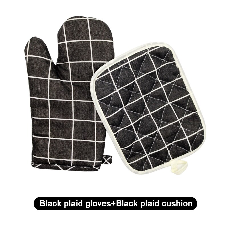 2pc/set Nordic Insulation Gloves Anti Scald Microwave Oven Gloves Cotton Hemp Insulation Mat Non-slip Kitchen Cooking Tools: Black Plaid