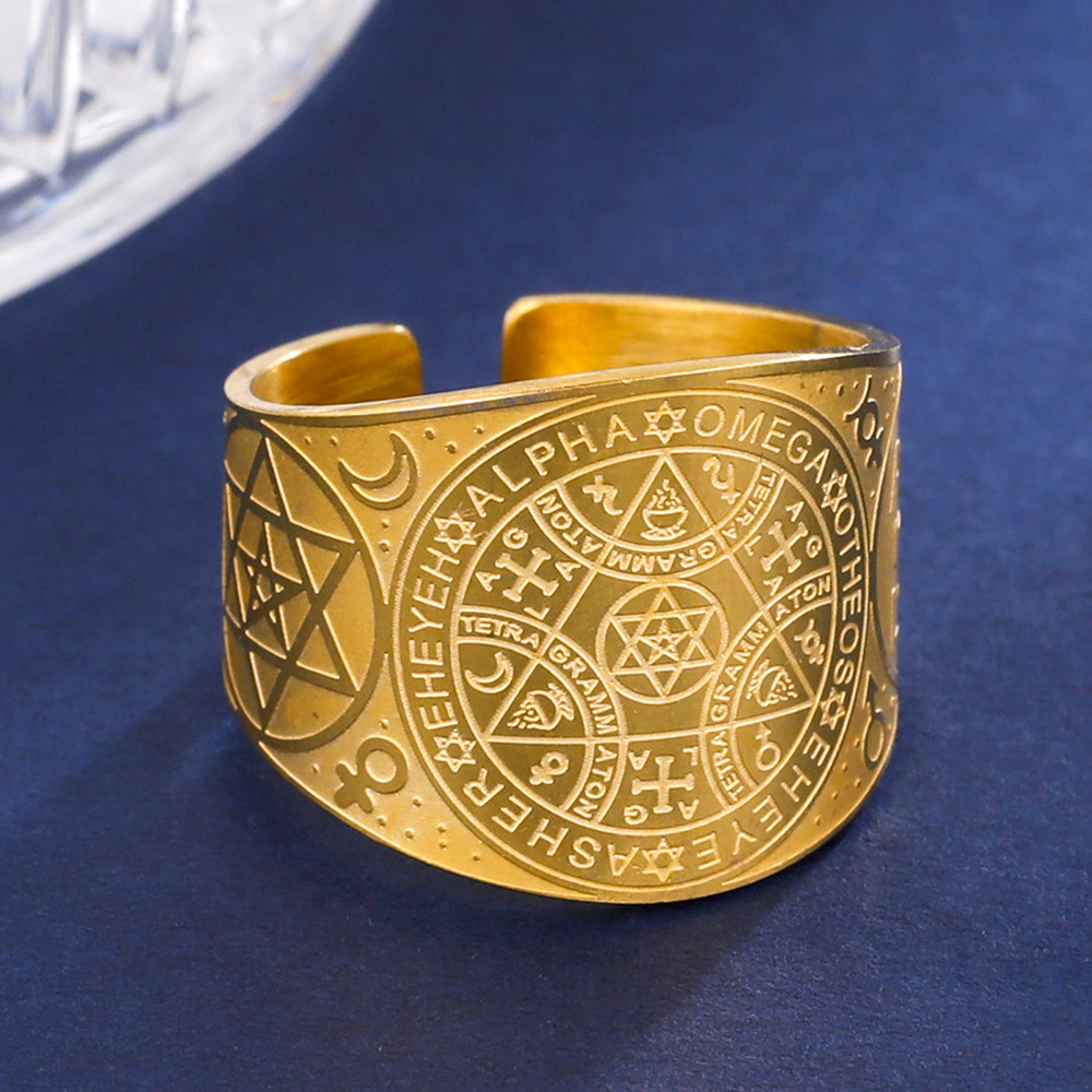 Anillo de tetragrammatón con pentagrama de brujería, anillo de dedo con pentáculo de acero inoxidable para hombres, amuleto de protección de energía antigua, joyería: 9 / Azul tinta