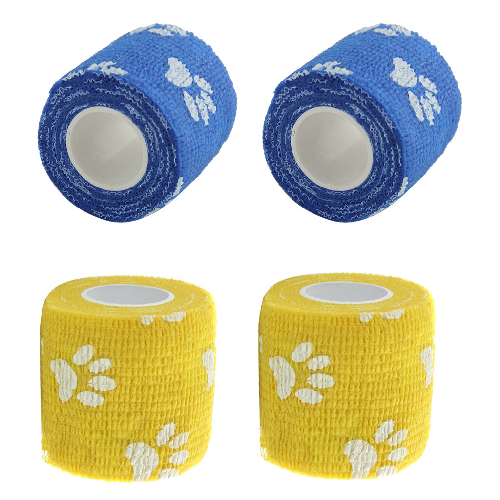 4 rollos de cinta cohesiva de gasa para gato, perro y mascota, estampado de garra, amarillo + azul