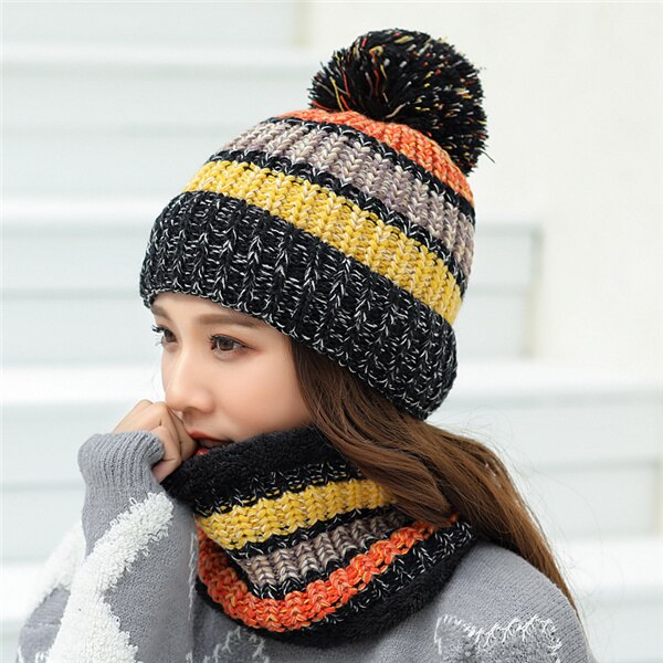 Gorros de invierno para mujer, gorros tejidos a rayas de Color mixto, conjunto de 2 piezas, gorros gruesos y cálidos, gorros, gorros para mujer: Black