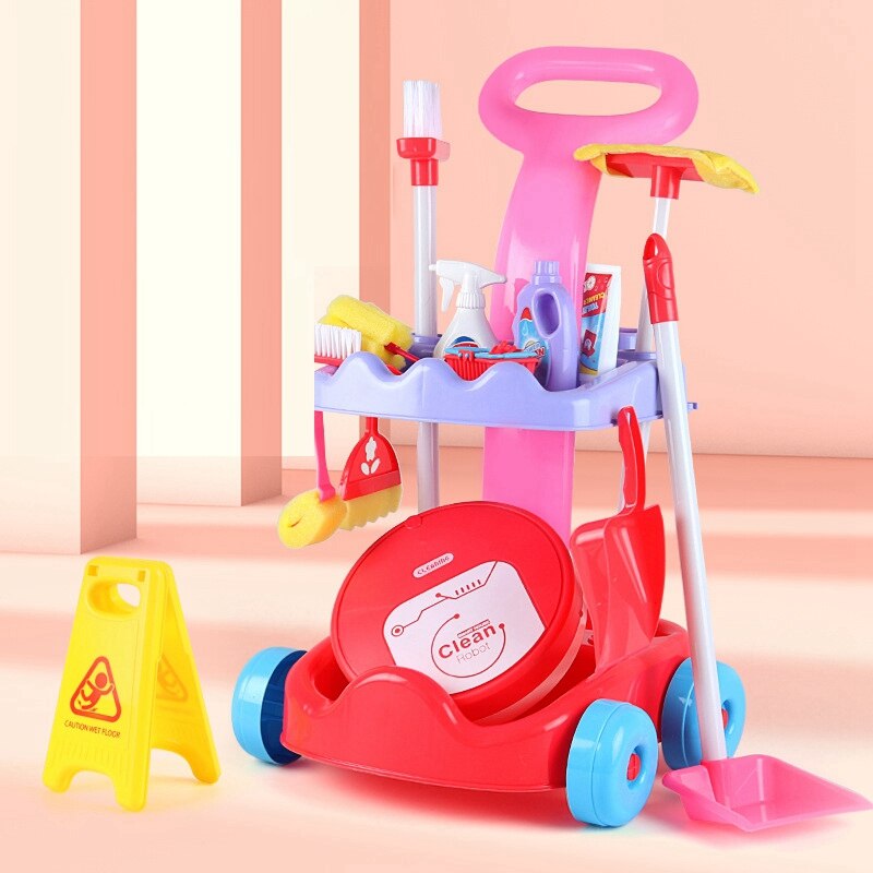 Kids Cleaning Trolley Toy Set Simulation House Cleaning Tool Playset Pretend Role Play Toy with Clean Robot