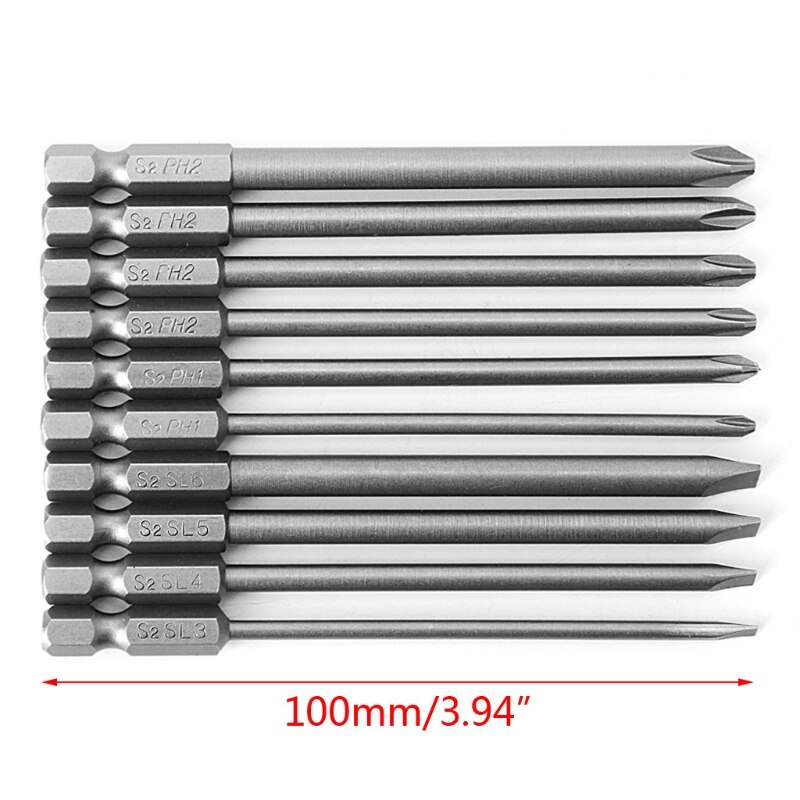 10 st/set 1/4 tums sexkantsskaft magnetiskt spår  ph2 skruvmejselbits  s2 stål 100mm längd skruvmejselbits borr skruvmejselbits