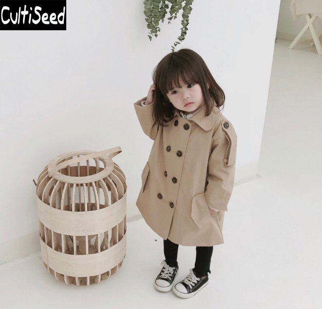 Cultiseed Baby Girls Trench Coats Children Solid Color Double Breasted Long Trench Outerwear Baby Kids Long Sleeve Coat Top
