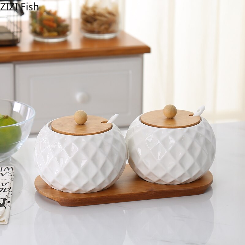 Korean Style Ceramic Condiment Jars Set with Bamboo Lids Tray Porcelain Spice Containers Salt Pepper Sugar Organizer