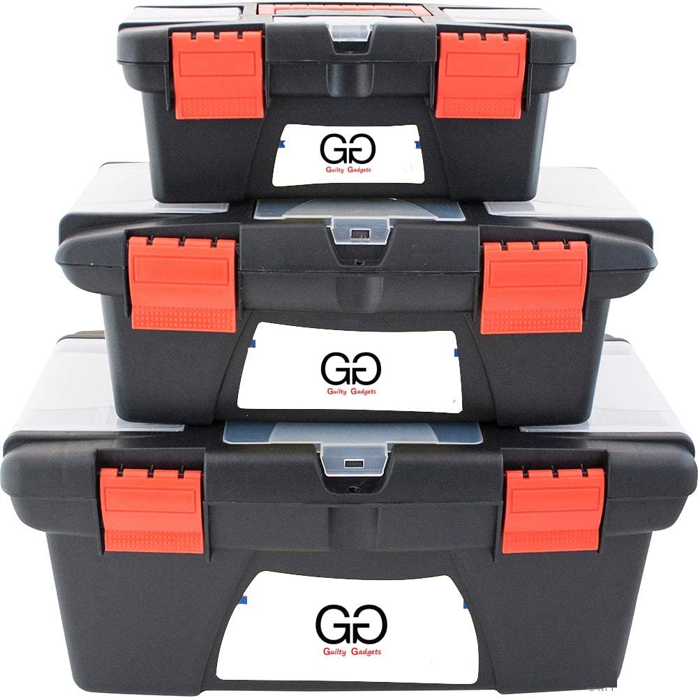 3pc Plastic Tool Box Chest Set Handle Tray & Compartment DIY Storage Toolbox Bag Removable Tray Inside Hobby Craft