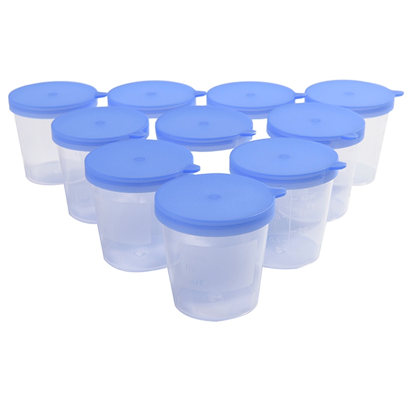 10 stks Plastic Cup 40 ml Urine Container Specimen Cup Monster Fles Vol Gegoten Afstuderen ML En Oz PP EO steriele Blue Cap