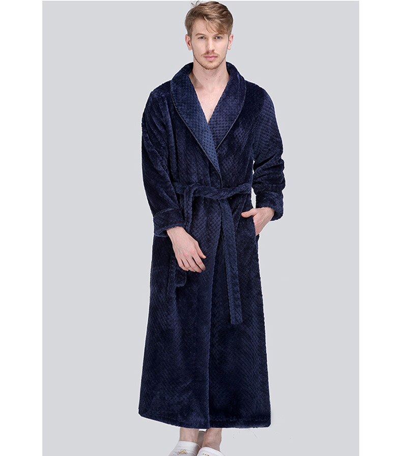 Morgonrock hane varm morgonrock vinter lila morgonrock extra lång flanell badrock hane helärmad kimono bad pyjamas homme: Marinblå / Xl