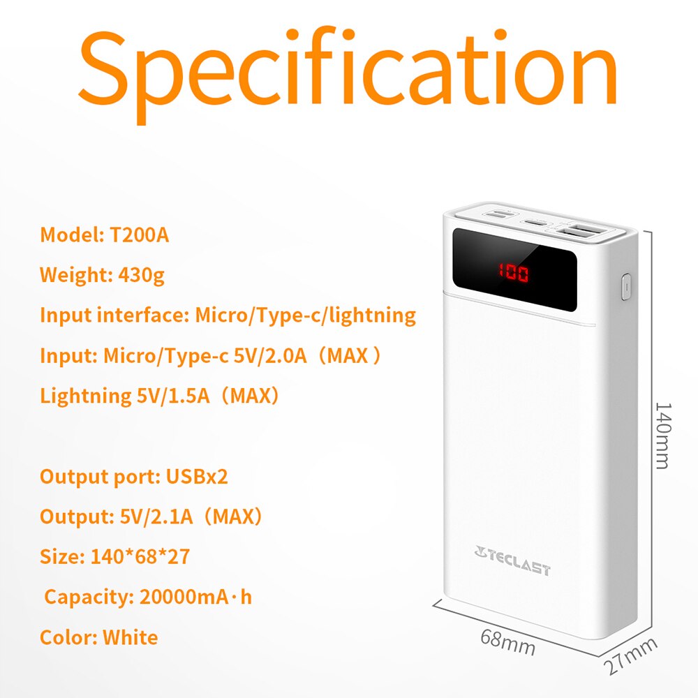 Teclast  t200a 20000 mah power bank portable charging external battery charger input blitz type-c micro output 2 x usb power
