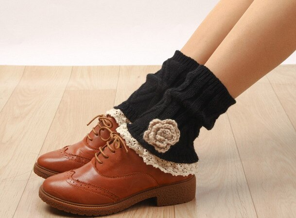 Rose Lace Boot Cuffs knit boot topper lace trim faux legwarmers lace cuff shark tank leg warmers 5 colors 12 pair/lot#3990: black