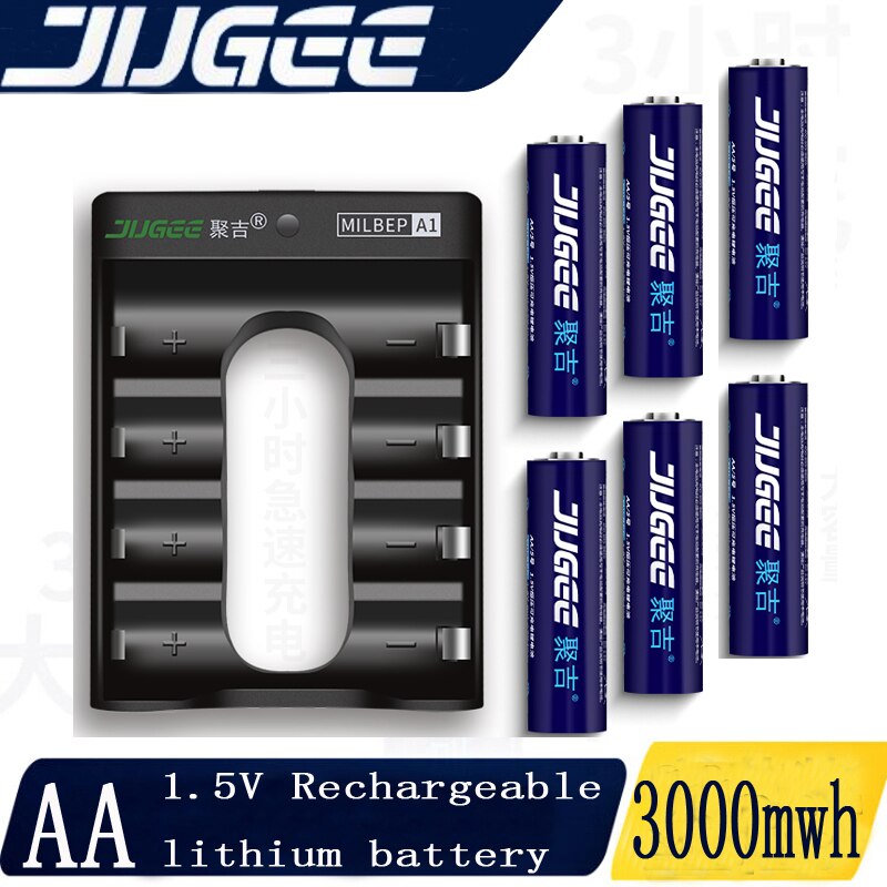 Jugee Aa 1.5V 3000mWh Lithium Li-Ion Oplaadbare Batterij + 4 Kanaals Lithium Polymeer Batterij Accu Oplader: 6pcs