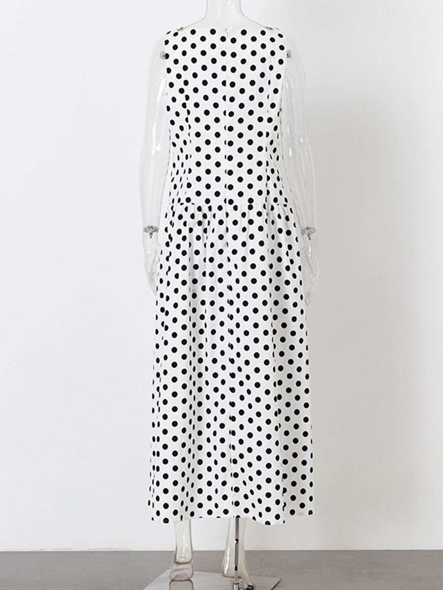 Polka Dots White Long Dresses Women Summer Sleeveless A-line Vestidos Vintage Simple Casual Midi Dress