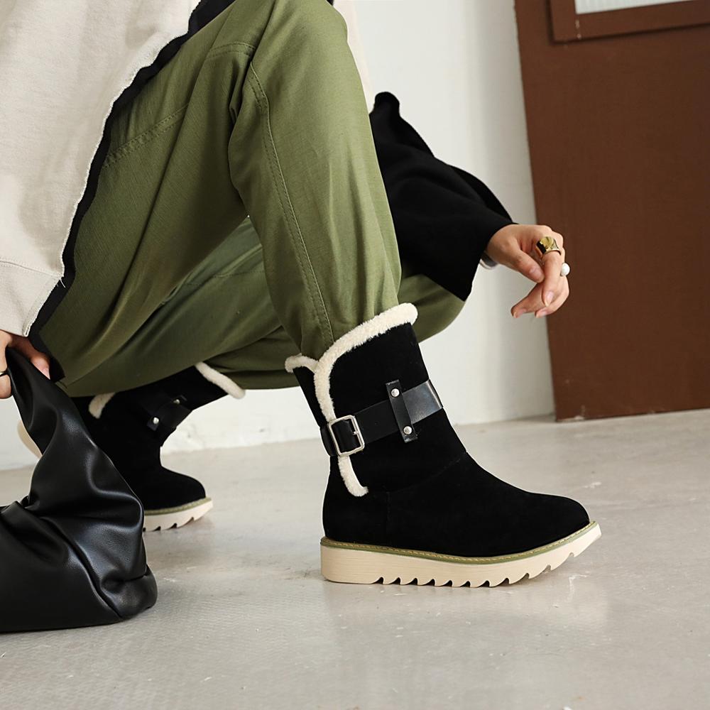 Boots Women Winter Plush Shoes Casual Platform Ankle Boots Ladies Buckle Wedge Snow Boots Female Leather Bota Feminina