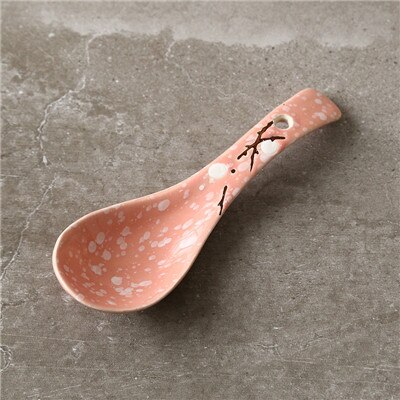 Cuchara de cerámica de ciruela pintada a mano japonesa copo de nieve esmalte de porcelana cuchara de sopa Floral café leche agitadora cuchara vajilla: Pink / 14.3cm