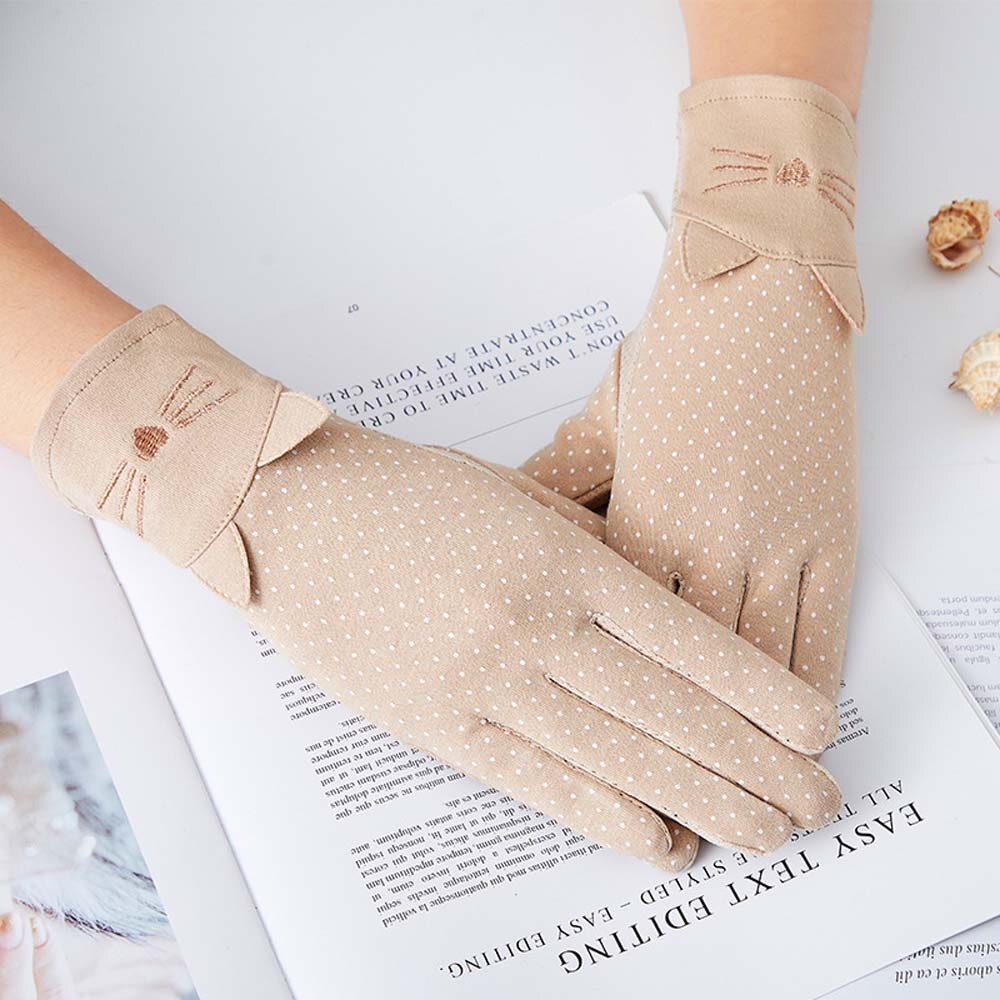Mode Vrouwen Handschoenen Dames Zon Protec Handschoenen Dunne Zomer Rijden Elastische Katoen Ademend Rijden Handschoenen Leuke Kat Dot Mitten: beige-Middle