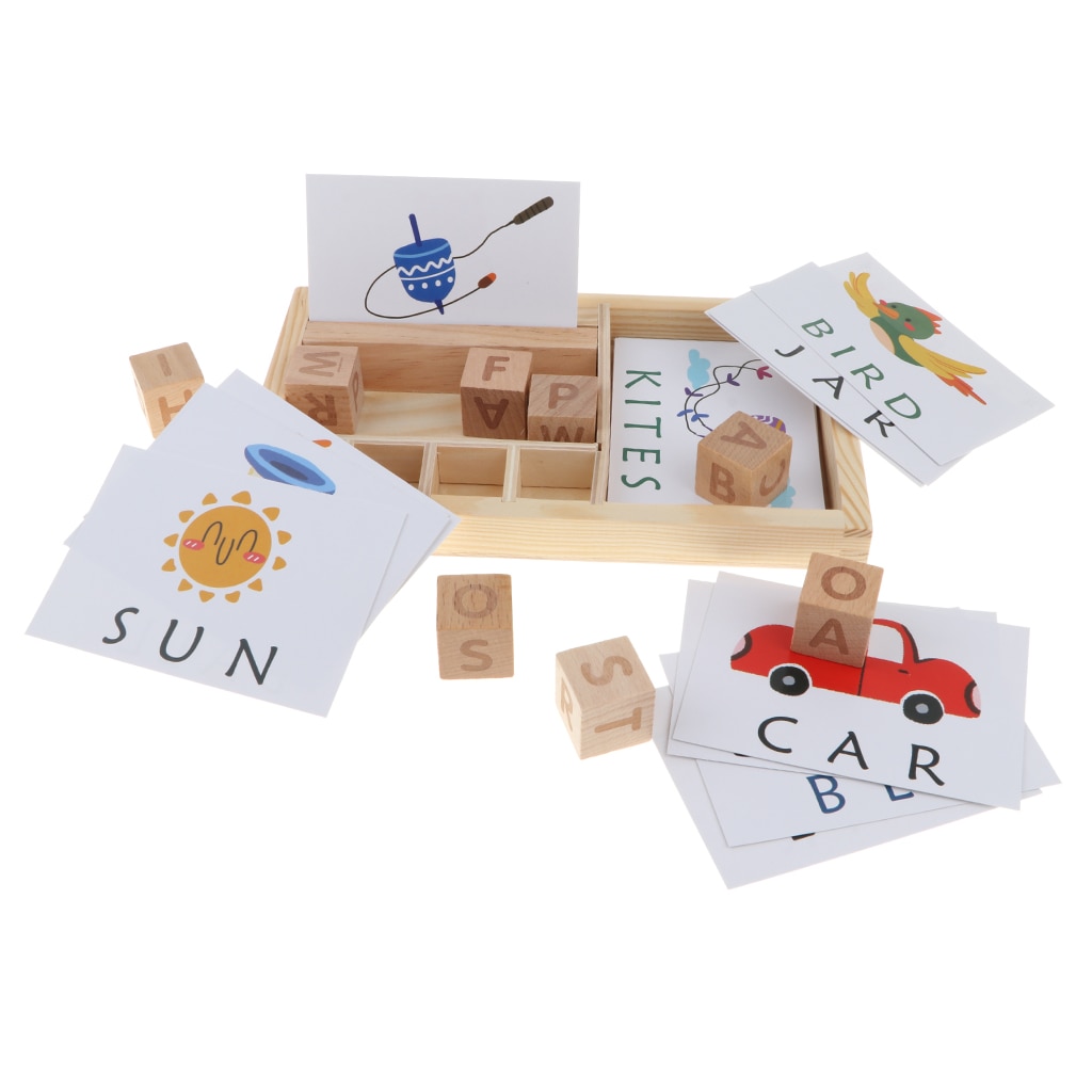 Kids Baby Developmental Wooden Alphabet Cubes English Words Jigsaw Puzzles Parent-child Interactive Game Play Activity Toy