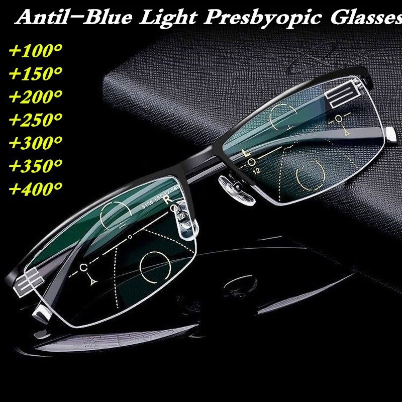 Smart zoom Multifocal Reading Glasses Men Bifocal Blue Light Blocking Progressive Metal Memory Presbyopia Glasses 1.5 1.25: +300