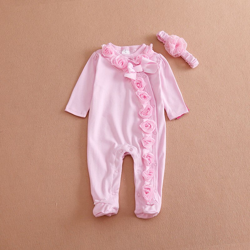 Nyfødte baby piger langærmet romper tredimensionel blomst bodysuit jumpsuit tøj tøj sæt fastgjort pandebånd: 7-9 måneder