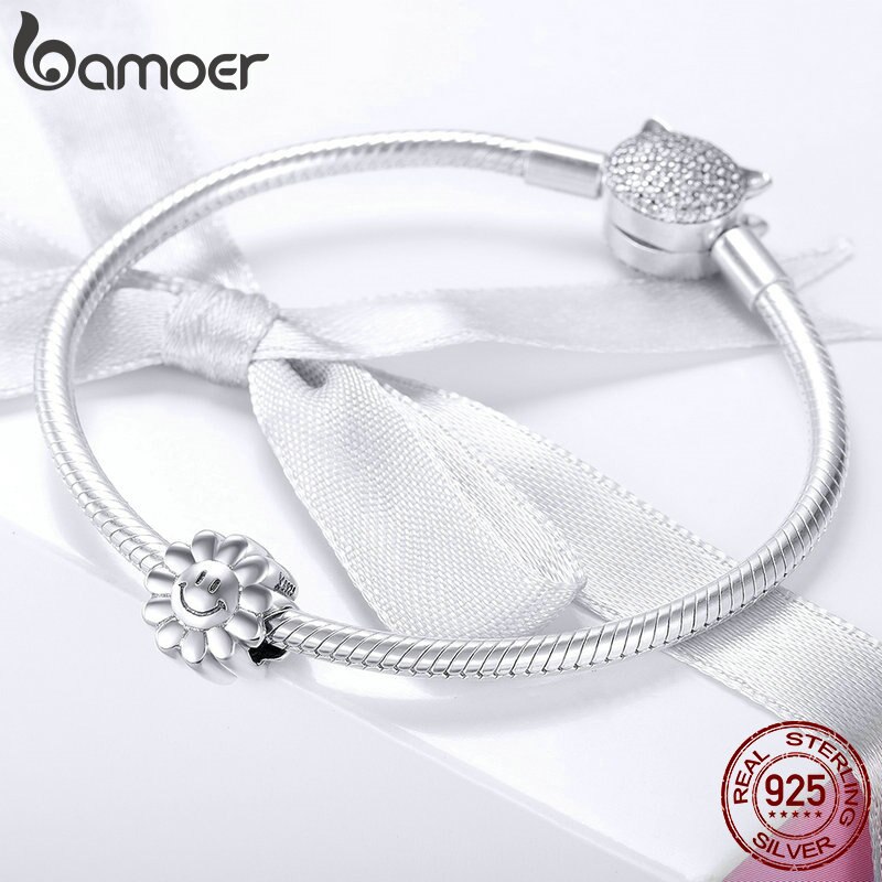 Bamoer autêntico 925 prata esterlina sorriso girassol ensolarado rosto encantos contas caber pulseiras originais diy jóias fazendo scc901