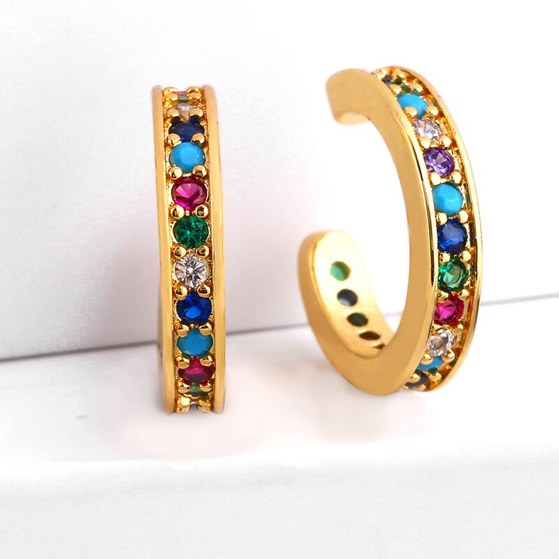 Small Cuff Earrings for Women Rianbow Zircon Half Circle Clip Earrings CZ Crystal Ear Cuffs Gold No Pierced Jewelry H40: 1