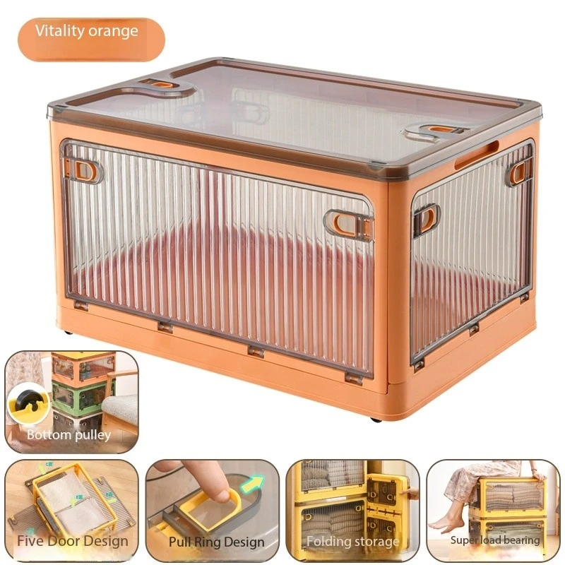 Storage Box Foldable Transparent High-capacity Wheels Stackable Home Sundries Storage Organizer Closet Trunk Toys Sundries Box: Buff