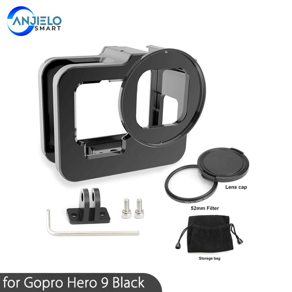 Anjielosmart Aluminium Case Voor Gopro Hero 9 Zwart Metalen Kooi Beschermhoes Frame Met Uv Lens Filter Voor Go Pro hero 9