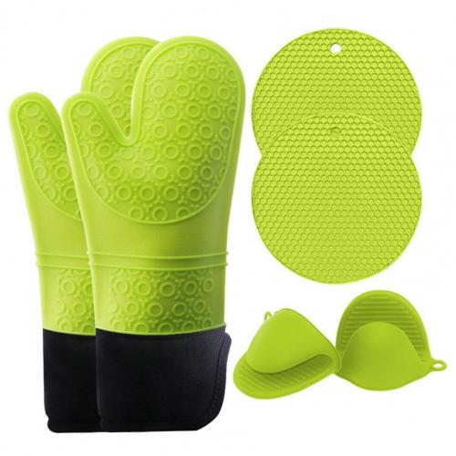 5Pcs/Set Oven Mitts Flexible Heat Insulation Silicone Extra Long Mittens Gloves Pot Holders Placemat for Kitchen: Green
